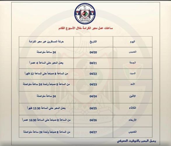 ابتداءً من الاسبوع القادم تعديل ساعات العمل على معبر الكرامة